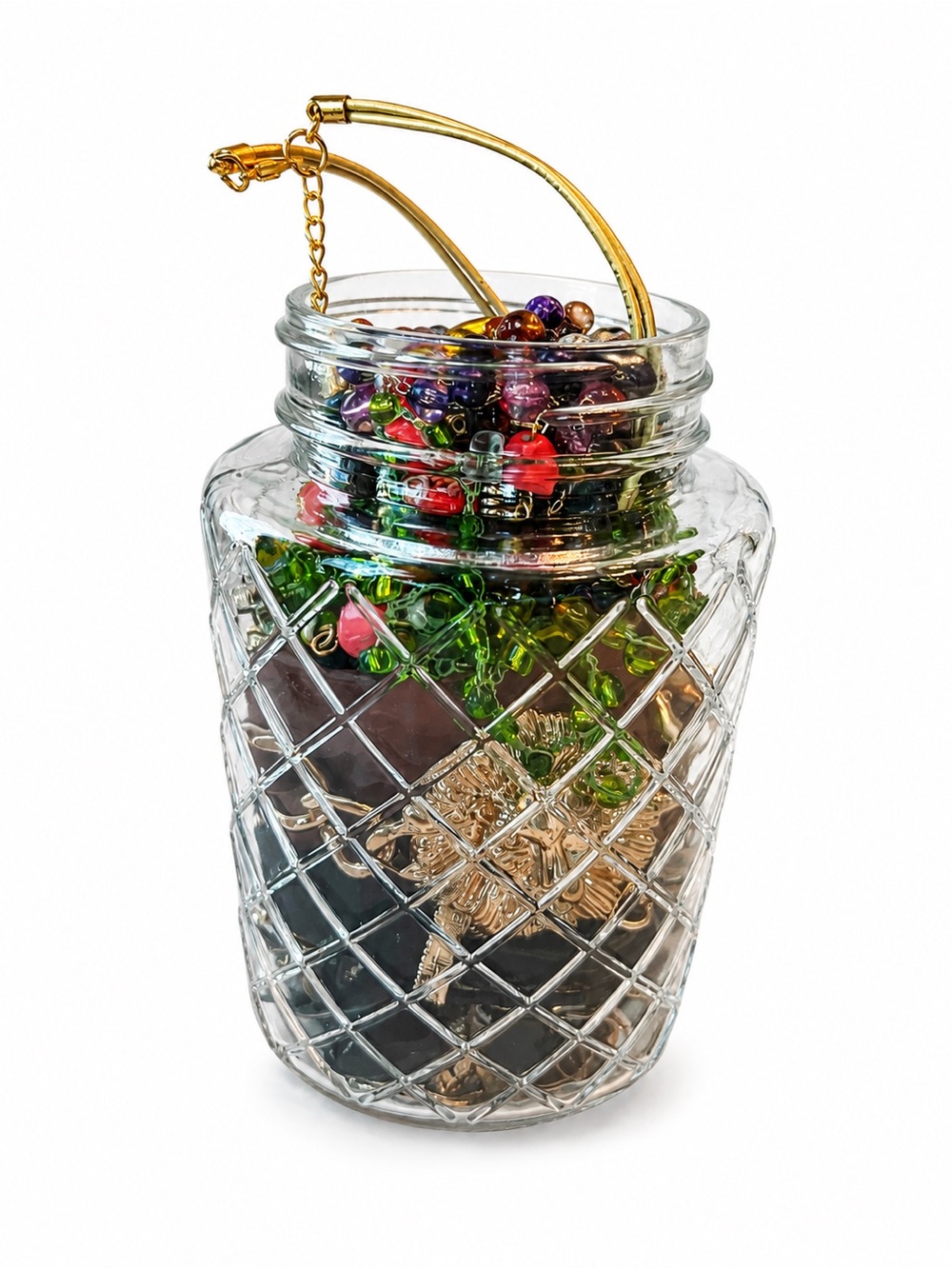 Glass Bead Jar- Multicolor Beads Gold